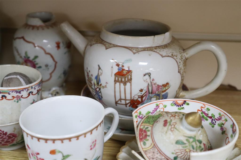 A collection of 18th century Chinese enamelled tea bowls, cups and saucers etc, mostly damaged